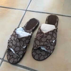 Coach Signature Crisscross Slide Sandals in Brown and Cream